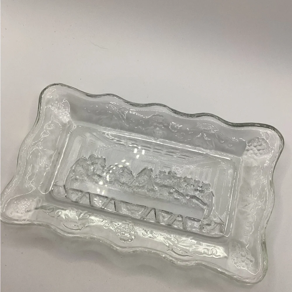 Vintage Indiana Glass Tiara Embossed Clear Glass Trinket Dish THE LAST SUPPER